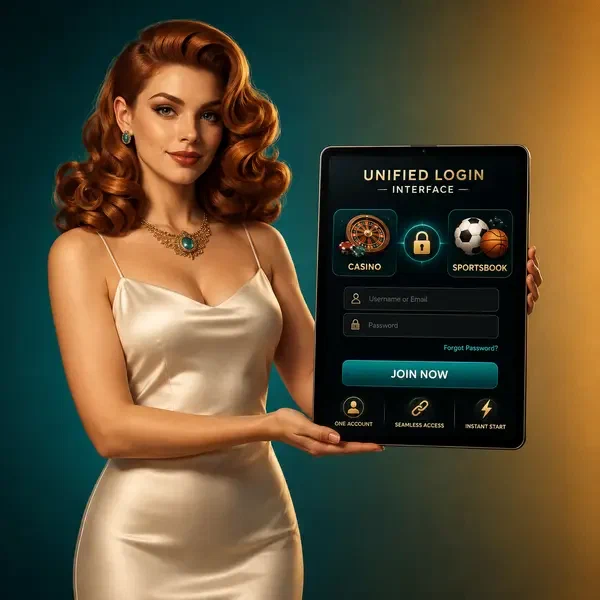 Zusammengesetzte Abbildung mit Tablet, das die Login-Oberfläche der einheitlichen Billionairespin-Plattform zeigt