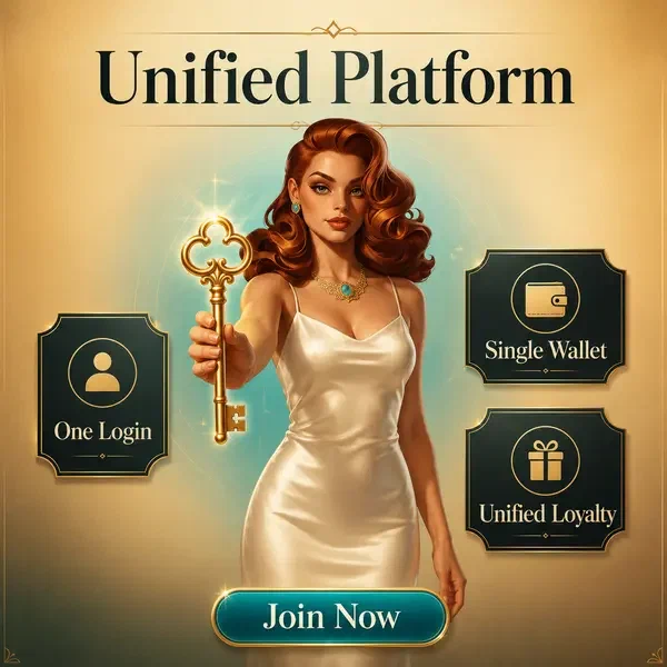 Elegante Figur präsentiert einheitlichen Plattform-Zugriffsschlüssel, während sich Spieler bei Multi-Vertical-Plattformstruktur anmeldet